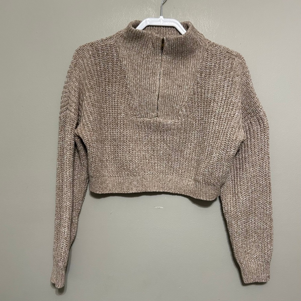 Shein Women's Sweater XS 2 Beige Knit Crop Top Quarter Zip Pullover Comfy Casual